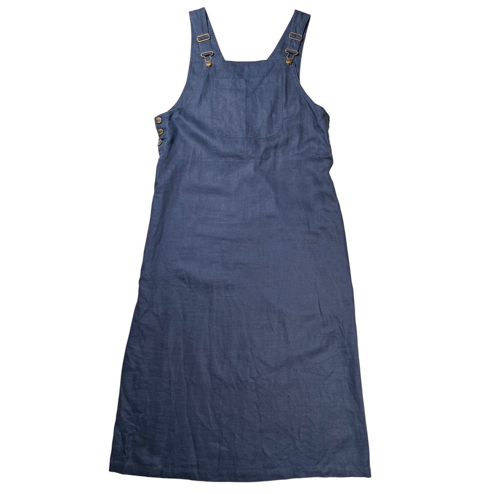 L.L. Bean Linen Jumper Dress Womens 14 Navy Blue Overall Pinafore Midi Tie Back